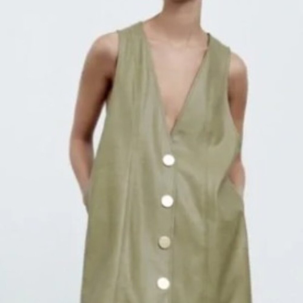 Zara Olive Faux Leather V Neck Sleeveless Jumper Size Misses XL